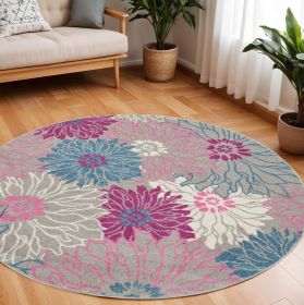 8' Gray Round Floral Dhurrie Area Rug