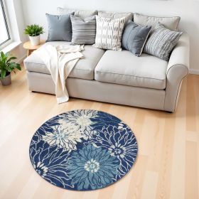 4' Blue And Ivory Round Floral Dhurrie Area Rug