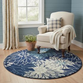 5' Blue And Ivory Round Floral Dhurrie Area Rug