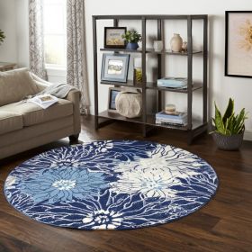8' Blue And Ivory Round Floral Dhurrie Area Rug