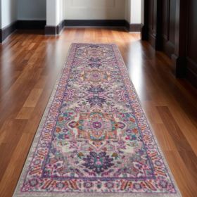 10' Pink And Gray Power Loom Runner Rug