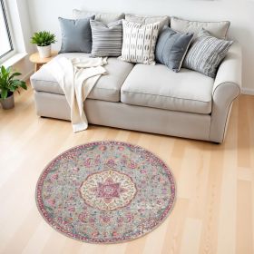 4' Pink And Gray Round Power Loom Area Rug