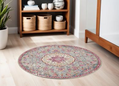 5' Gray and Pink Round Medallion Power Loom Area Rug