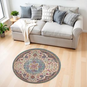 4' Pink And Green Round Dhurrie Area Rug