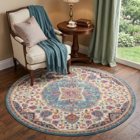 5' Pink And Green Round Dhurrie Area Rug
