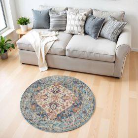 4' Blue And Ivory Round Power Loom Area Rug