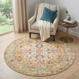 5' Yellow and Ivory Round Floral Medallion Shag Area Rug