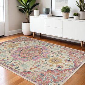 4' X 6' Pink And Ivory Southwestern Dhurrie Area Rug