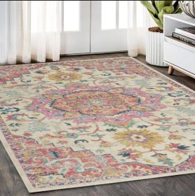 5' X 7' Pink And Ivory Southwestern Dhurrie Area Rug