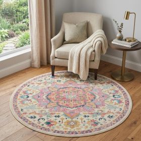 5' Pink And Ivory Round Southwestern Dhurrie Area Rug