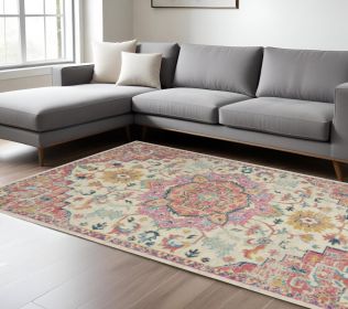 7' X 10' Pink And Ivory Southwestern Dhurrie Area Rug