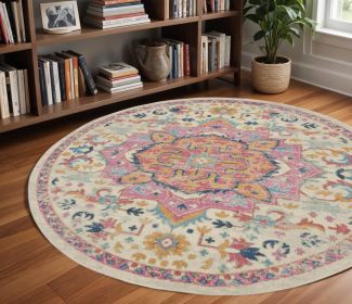 8' Pink And Ivory Round Southwestern Dhurrie Area Rug
