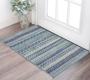 2' X 3' Blue and Ivory Striped Power Loom Area Rug