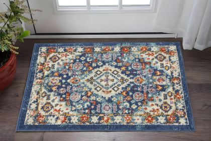 2' X 3' Blue And Ivory Medallion Scatter Rug