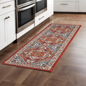 8' Red And Ivory Power Loom Runner Rug
