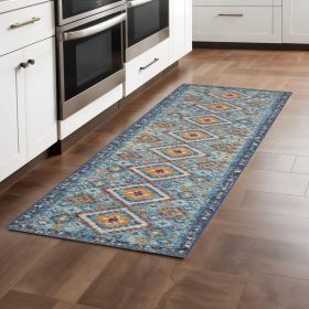 8' Blue And Orange Geometric Dhurrie Runner Rug