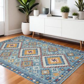 4' X 6' Blue And Orange Geometric Dhurrie Area Rug