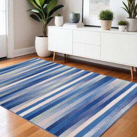 4' X 6' Blue And White Striped Dhurrie Area Rug