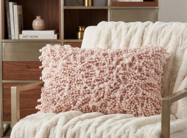 14" X 20" Pale Pink Shaggy Beads Lumbar Throw Pillow