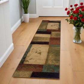2' X 8' Beige And Brown Floral Block Pattern Runner Rug