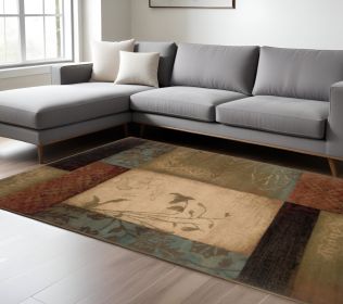 7' X 10' Beige And Brown Floral Block Pattern Area Rug