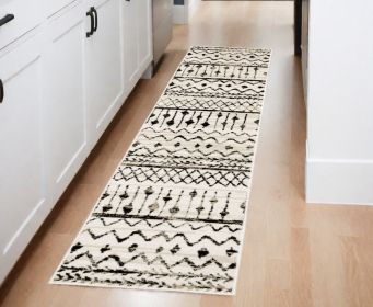 2' X 8' Ivory And Black Eclectic Patterns Indoor Runner Rug