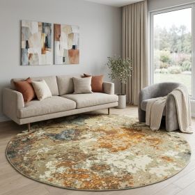 8' Gold and Ivory Round Power Loom Area Rug