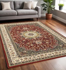 5' X 8' Red Ivory Machine Woven Oriental Indoor Area Rug