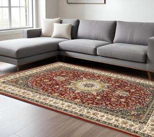 7' X 10' Red Ivory Machine Woven Oriental Indoor Area Rug