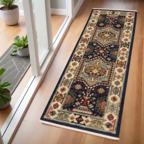 6' Blue Ivory Machine Woven Medallion Indoor Runner Rug