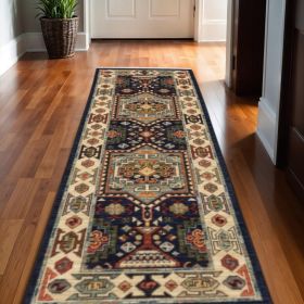 12' Blue Ivory Machine Woven Medallion Indoor Runner Rug