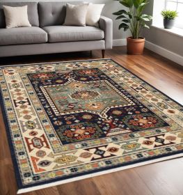 5' X 8' Blue Ivory Machine Woven Medallion Indoor Area Rug