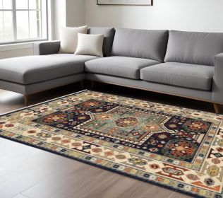 7' X 10' Blue Ivory Machine Woven Medallion Indoor Area Rug