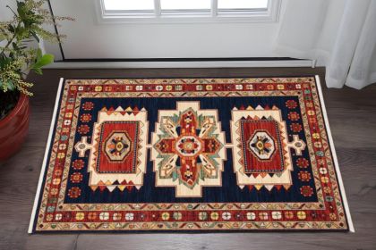 3' X 5' Blue Red Machine Woven Medallions Indoor Area Rug