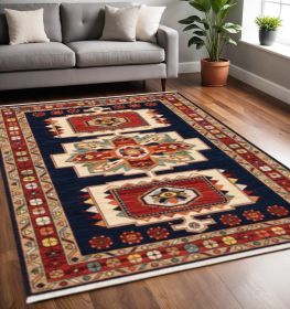 5' X 8' Blue Red Machine Woven Medallions Indoor Area Rug