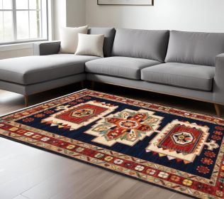 7' X 10' Blue Red Machine Woven Medallions Indoor Area Rug