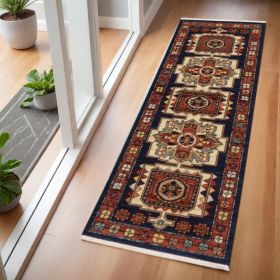 6' Red Blue Machine Woven Oriental Indoor Runner Rug