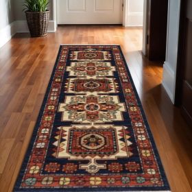 12' Red Blue Machine Woven Oriental Indoor Runner Rug