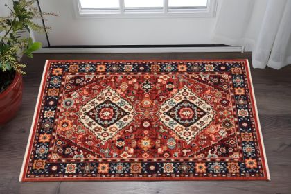 3' X 5' Red Blue Machine Woven Oriental Indoor Area Rug