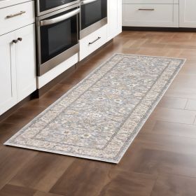 8' Blue Ivory Machine Woven Floral Oriental Indoor Runner