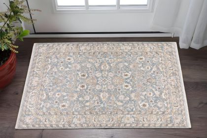3' X 5' Blue Ivory Machine Woven Floral Oriental Indoor Area Rug