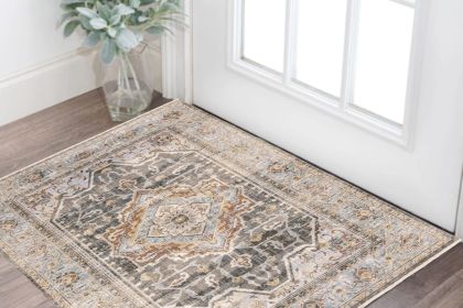 2' X 3' Grey Blue Machine Woven Medallion Indoor Area Rug