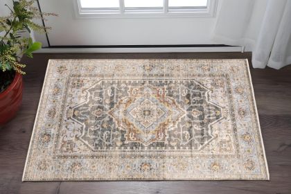 3' X 5' Grey Blue Machine Woven Medallion Indoor Area Rug