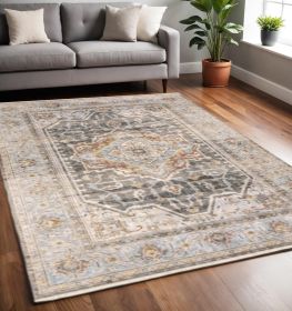 5' X 8' Grey Blue Machine Woven Medallion Indoor Area Rug