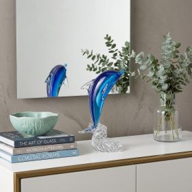 10" Blue Murano Glass Dolphin Figurine Tabletop Sculpture