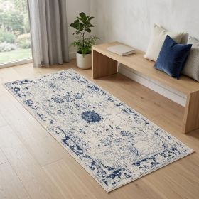 2' X 5' Navy Blue Distressed Floral Area Rug