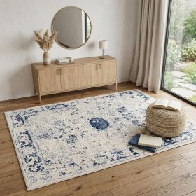 4' X 6' Navy Blue Distressed Floral Area Rug
