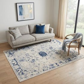 5' X 8' Navy Blue Distressed Floral Area Rug