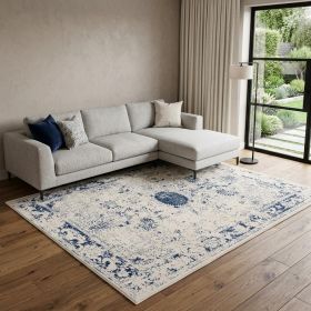 8' X 11' Navy Blue Distressed Floral Area Rug