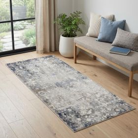 2' X 5' Navy And Beige Distressed Vines Area Rug
